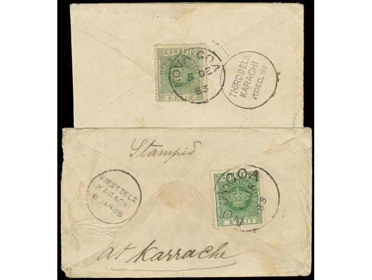6 r. green, 1st and 2nd printing, each on reverse of cover from Nova Goa to Kurachee, fine (AF no. 117)