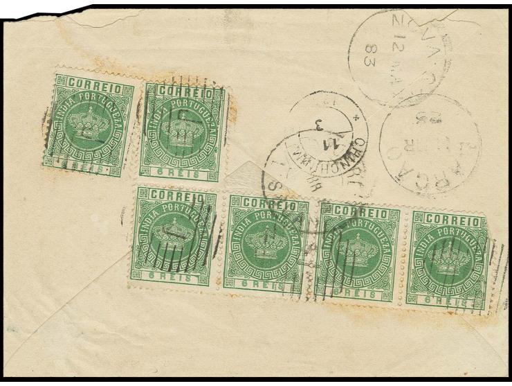 6 r. green, 1st printing, block of 5 and single stamp tied by barred "J" to reverse of cover from "CHINCHINIM 11/3" (1883) vi