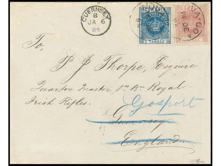 1 t. rose and 2 t. blue, tied to cover from "NOVA-GOA 14 DE 85" to the Isle of Guernsey with clear arrival mark on front, red