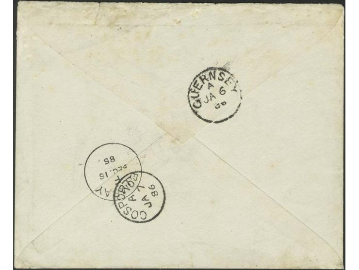 1 t. rose and 2 t. blue, tied to cover from "NOVA-GOA 14 DE 85" to the Isle of Guernsey with clear arrival mark on front, red