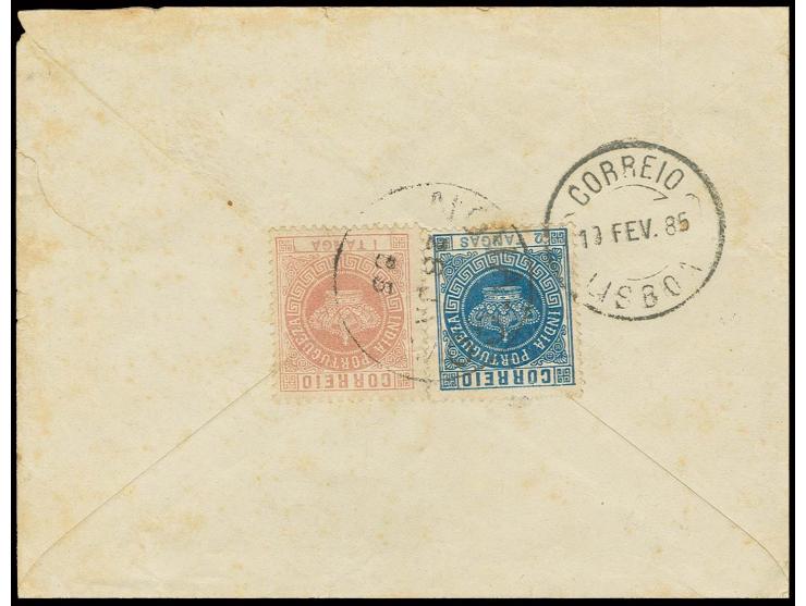 1 t. rose and perf. 13½ 2 t. blue, tied to reverse of cover from "NOVA-GOA 28 JA 85" to Lisbon, fine and scarce, ex Sussex (A