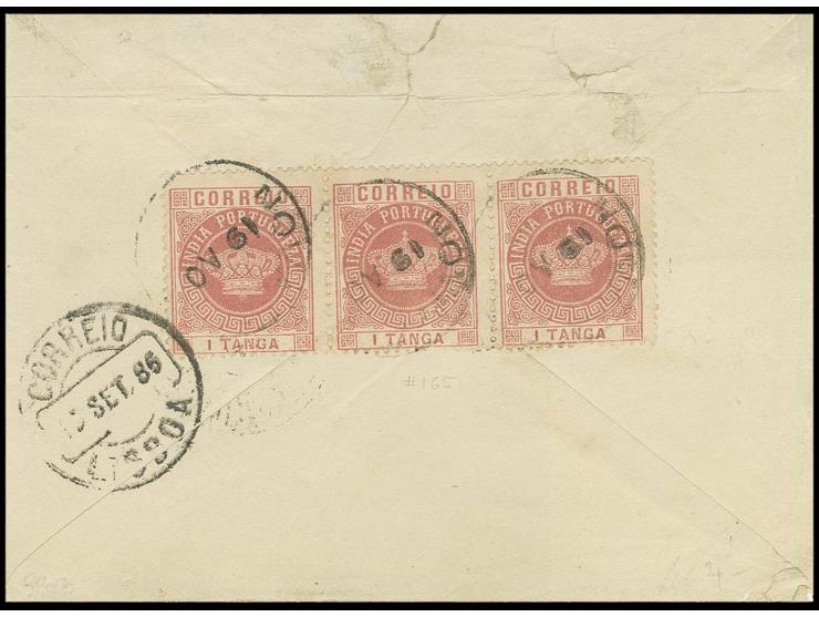 Perforated 13 1/2:1 t. rose, horizontal strip of 3 tied to reverse of cover from "NOVA GOA 19 AO" (1885) to Lisbon with arriv