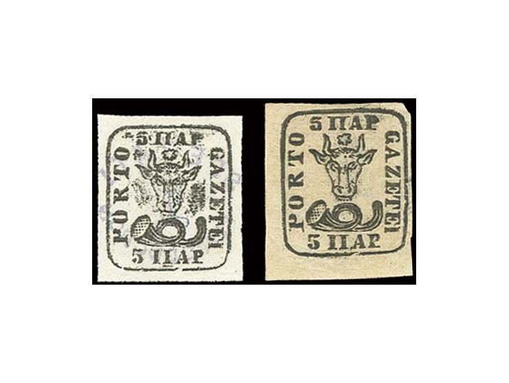 5 par. black with break in frame, unused o.g., also same stamp as Sperati forgery, the latter with BPA-signature