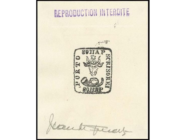 80 par., Sperati forgery, proof in black in block format, signed in the margin