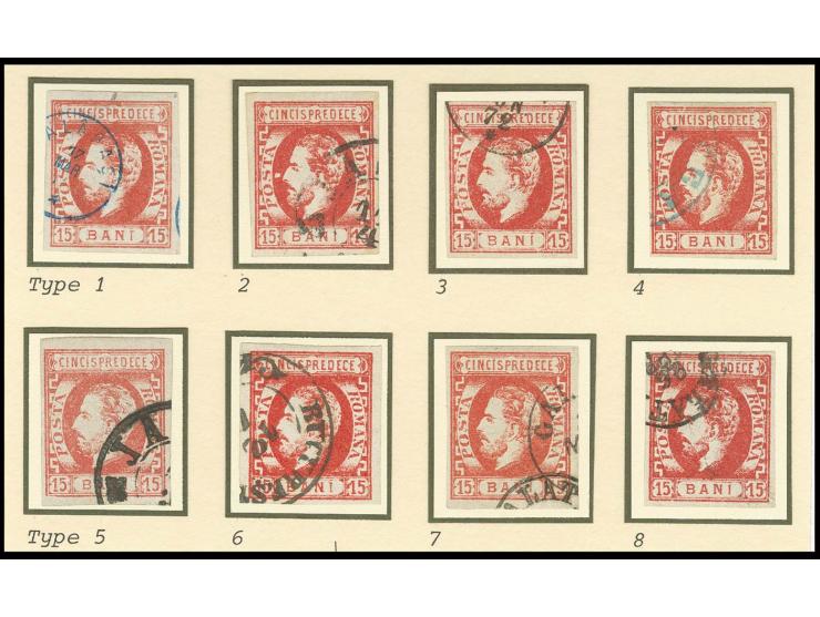 1871, Charles 15 bani red, all 8 transfer types, used, good condition
