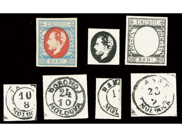 50 b. blue/red, Sperati forgery of the issued stamp, also photographic proofs of frame and centre and 4 different cancellatio