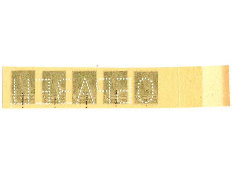 20 k. grey-olive, imperforated horizontal strip of five with perforation "OBRASEZ", unhinged mint, fine, signed Mikulski
