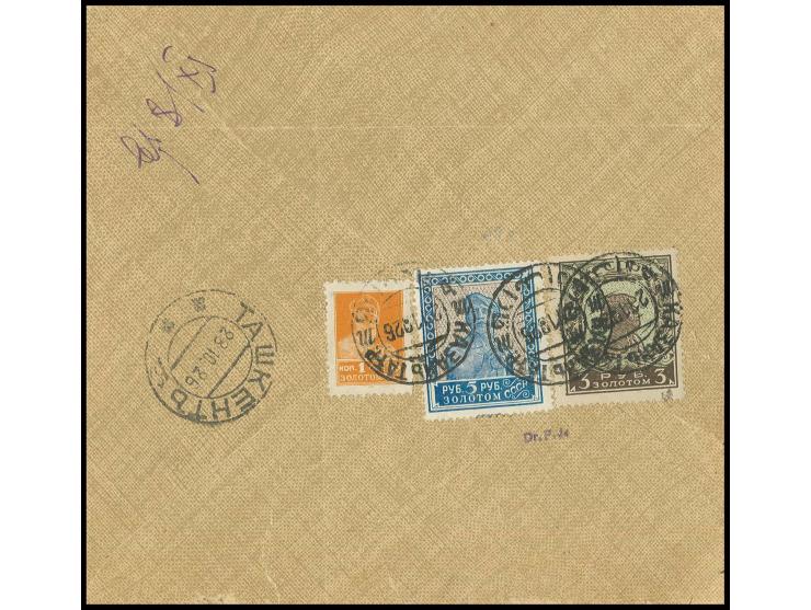 3 r. brown/green and 1925, 1 k. orange and 5 r. blue/grey-brown, tied by cds. "KASAN 21.101926" to cash on delivery cover for