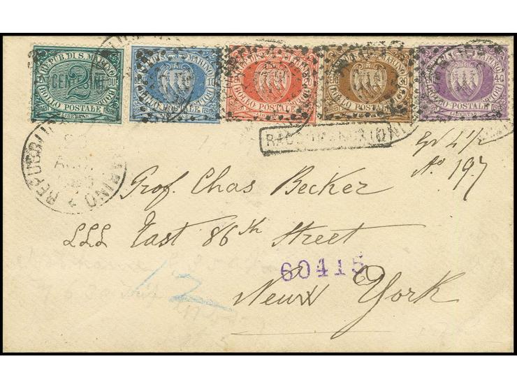 1877, 2 c. green-40 c. violet, all 5 values tied to registered envelope 1889 to New York with boxed "RACOMANDATO", several tr