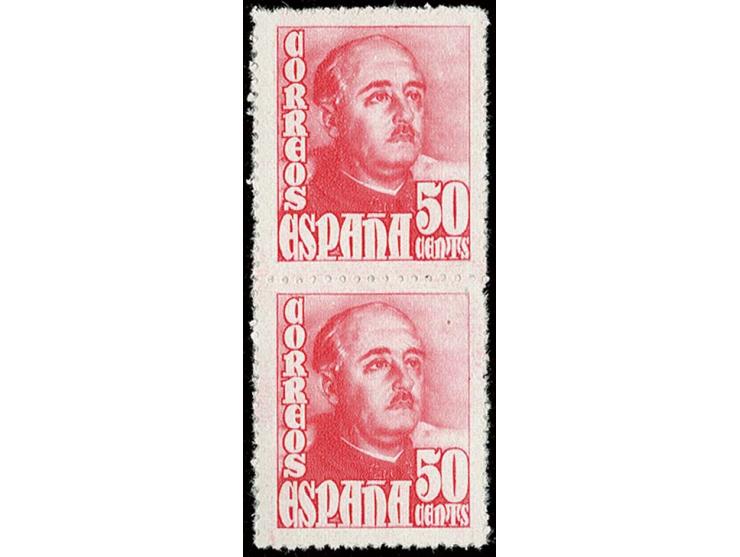 1948, General Franco 50 c., perforated proof in rose-red, vertical pair, unhinged mint, very fine (Edifil-no. 1022cca)