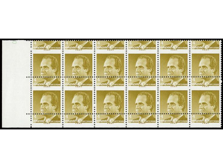 4 pta., horizontal block of 12 from the lower left sheet corner with horizontally shifted print, unhinged mint (Edifil-no. 28