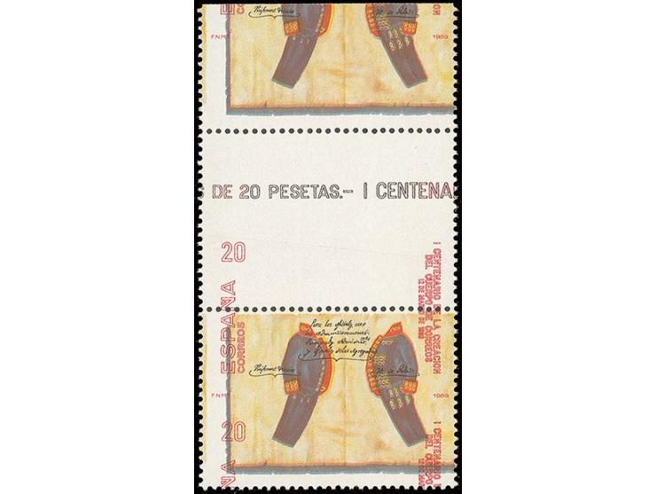 100 Years Postal Administration 20 pts., vertical pair from the top sheet margin with heavily shifted print of several colour