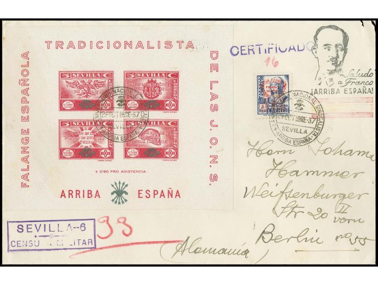 LOCAL ISSUES: SEVILLA: 1937, 5 c. red/blue, souvenir sheet with special cancellation on cover with censor mark to Berlin with