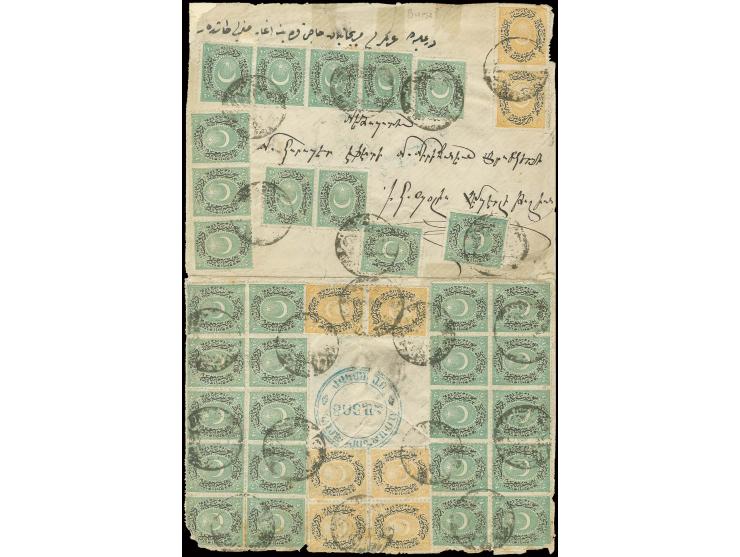 1876, 20 pa. green (32) and 1 Ghr. yellow (8), tied by negative seal cancels to front and reverse of opened out cover; some t