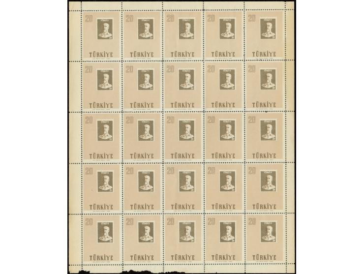 1957, Osman Hamdi Bey 20 k. with varity "black colour missing", sheet with 25 stamps, 14 items unhinged mint, 11 unused or wi