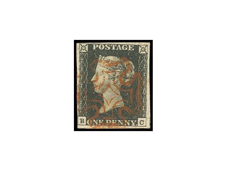 Plate 4: BC, clear to wide margins with small part of adjoining stamp at right, central clear red MC, light corner bent, stil