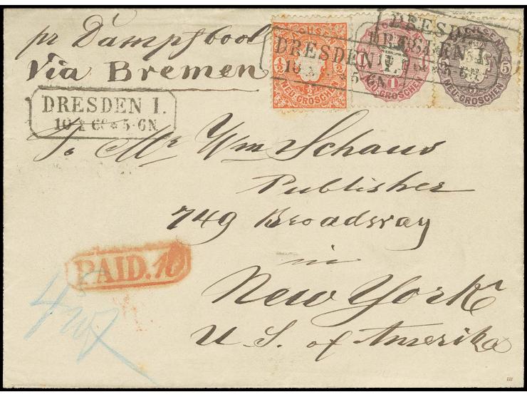 1866, Wappen 5 Neugroschen grauviolett, 1 Neugroschen und ½ Neugroschen orange, mit Ra2 "DRESDEN 10 X 66" auf Briefhülle nach