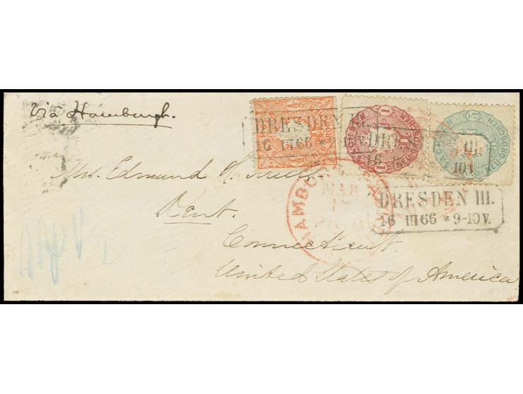 1866, Wappen ½ Neugroschen orange, 1 Neugroschen karmin und 5 Neugroschen graublau mit Ra2 "DRESDEN 16 III 66" auf kleinem, d