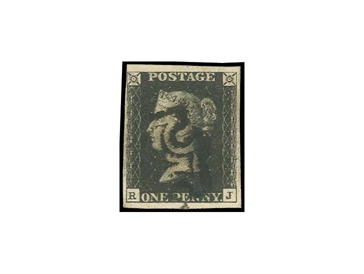 RJ, clear at upper right, otherwise good to wide margins, black MC, fine
