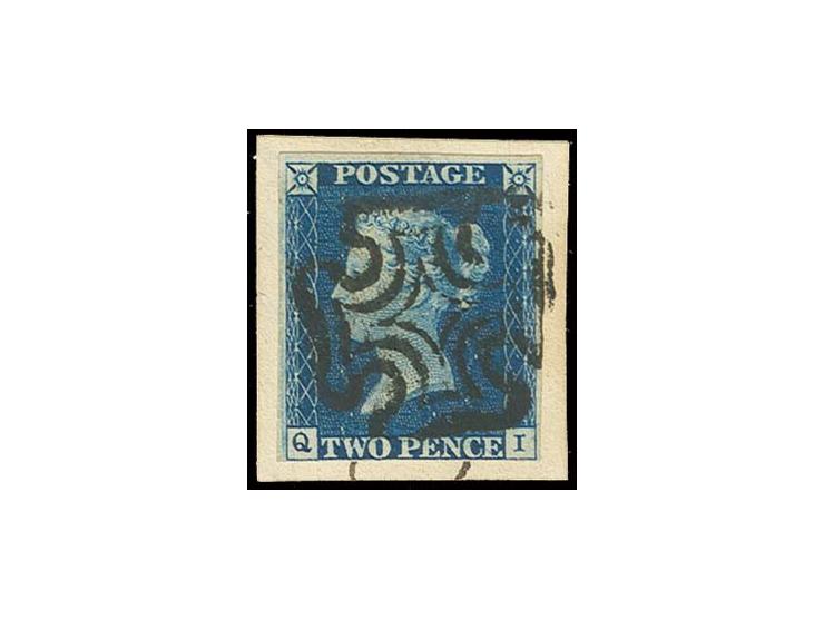2 d. deep full blue, plate 1, QI, good to wide margins, tied by black MC to small piece, very fine, certificate Louis BPP