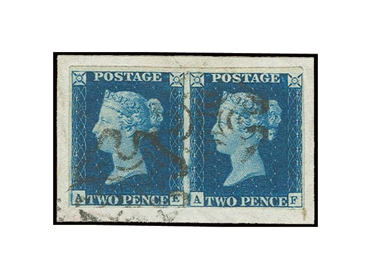 2 d. deep full blue, horizontal pair AE/AF, good margins all around, tied by black MC to piece, fine, signed Pfenninger and G