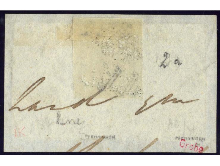 2 d. deep full blue, horizontal pair AE/AF, good margins all around, tied by black MC to piece, fine, signed Pfenninger and G