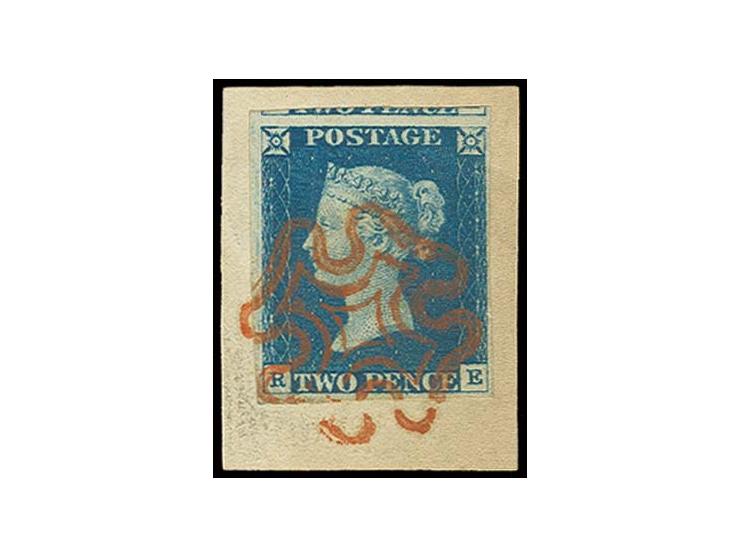 2 d. blue, plate 1, RE, good to enormous margins with part of adjoining stamp at top, tied by clear red MC to piece, very fin
