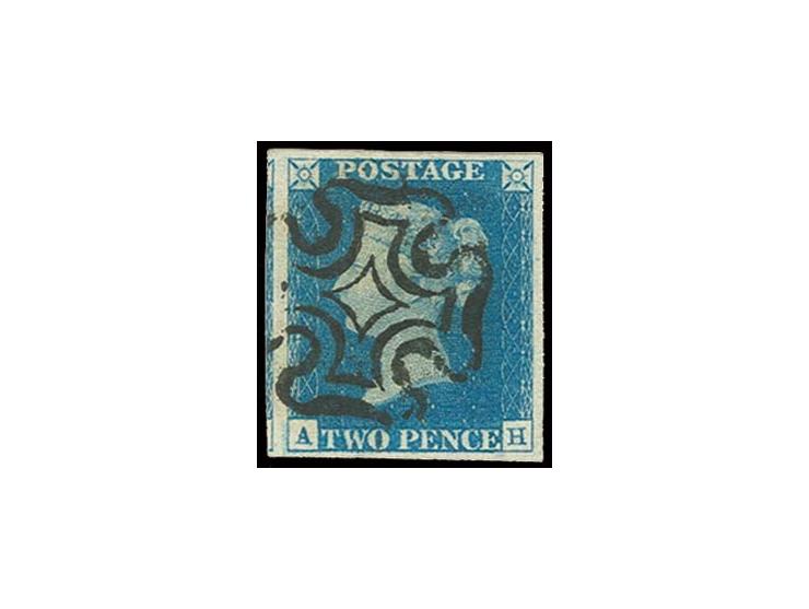 2 d. blue, plate 2, AH, large to very large margins with part of adjoining stamp at left, clear central black MC, extremely f