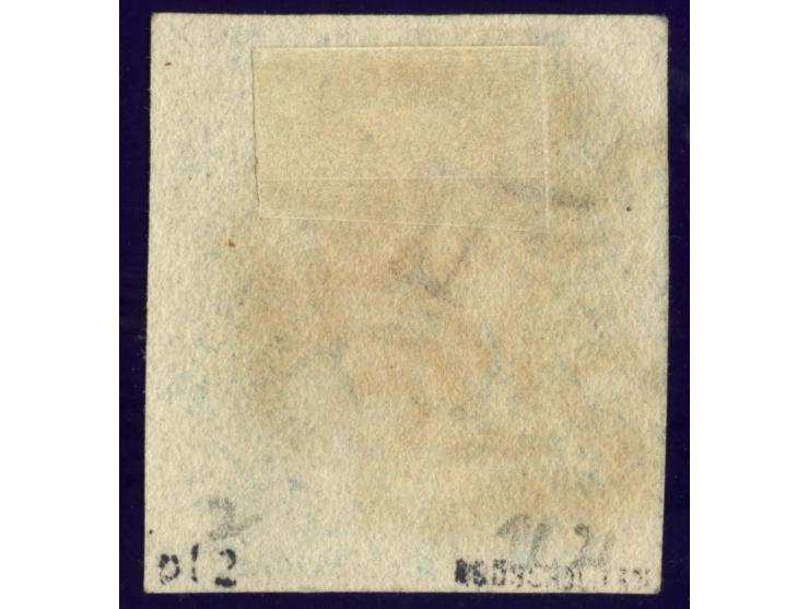 2 d. blue, plate 2, AH, large to very large margins with part of adjoining stamp at left, clear central black MC, extremely f