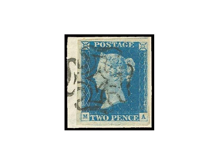 2 d. pale blue, MA, large to very large margins, tied by light clear black MC to small piece, extremely fine, certificate Lou