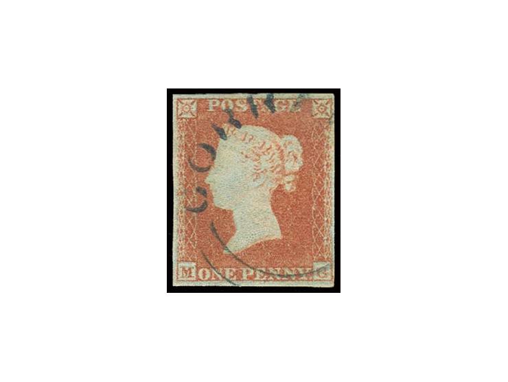 1 d. red-brown, MG, good margins, cancelled by black blue undated town cancel "CORRIE"; very rare, according to certificate L