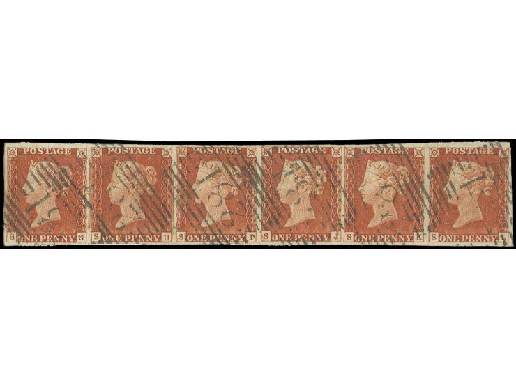 1 d. red-brown, plate 54, horizontal strip of 6, SG-SL with re-entry in SH and SI, good to wide margins and deep fresh colour