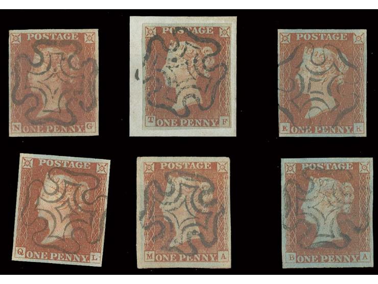 1 d. red-brown, 6 copies in partly different shades, all with good to very wide margins with central clear black MC in differ