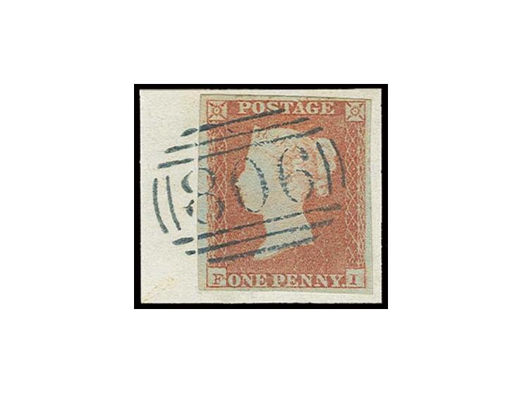 1 d. red-brown, FI, good to large margins, tied by clear bluish-black numeral "806" to small piece, extremely fine
