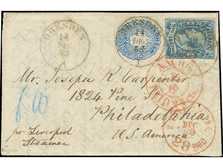 1863, Johann 10 Neugroschen blau und Wappen 2 Neugroschen blau mit DKr. "DRESDEN 14 DEC 63" auf kleinem Briefkuvert mit Origi