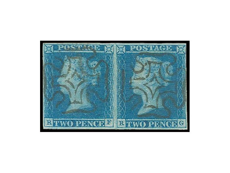 2 d. pale blue, horizontal pair with good margins, each stamp cancelled by clear central black MC, very fine, signed Pröschol