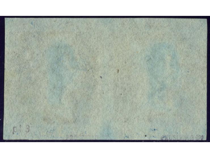 2 d. pale blue, horizontal pair with good margins, each stamp cancelled by clear central black MC, very fine, signed Pröschol