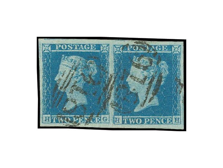 2 d. blue, horizontal pair HG/HH, large margins all around, cancelled by numeral "918", very fine