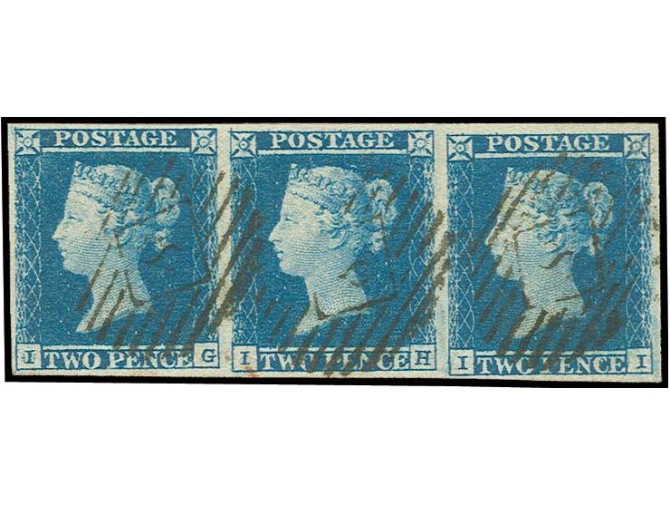 2 d. blue, plate 4, horizontal strip of 3, EG-II, good to large margins, neatly cancelled, very fine, signed Pröschold BPP an