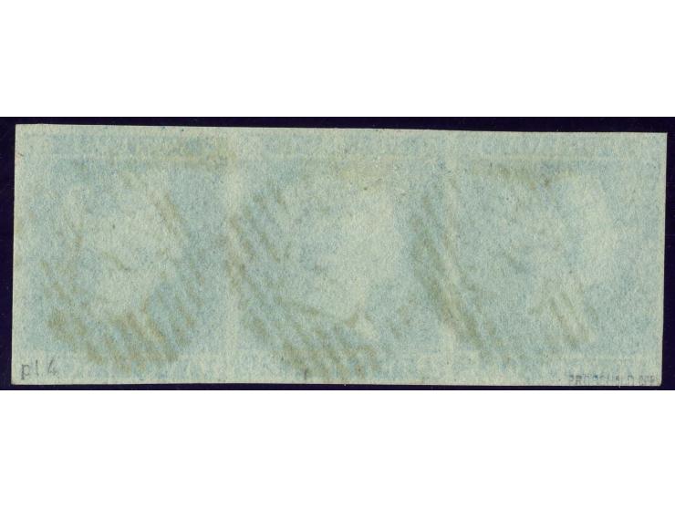 2 d. blue, plate 4, horizontal strip of 3, EG-II, good to large margins, neatly cancelled, very fine, signed Pröschold BPP an