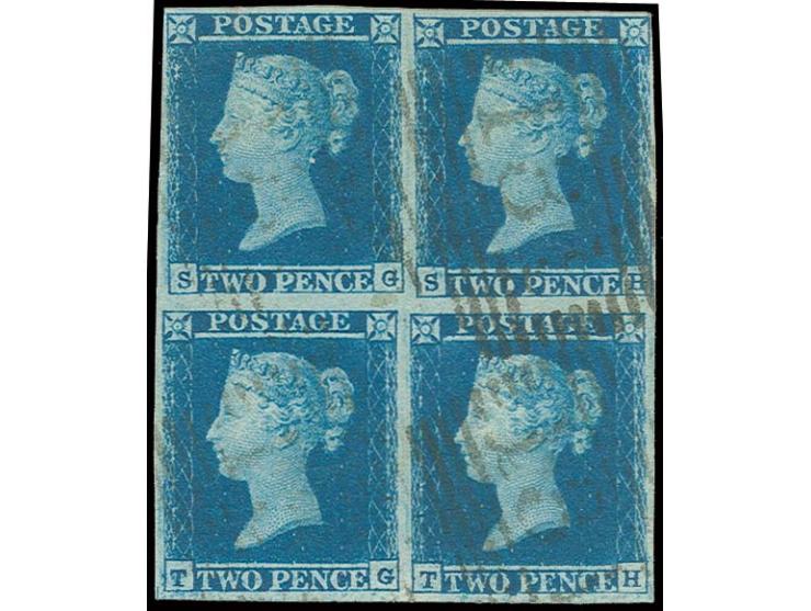 2 d. blue, plate 4, block of 4, SG-TH with re-entry in TH (first state), used with numeral "131" EDINBURGH, signed Pröschold 