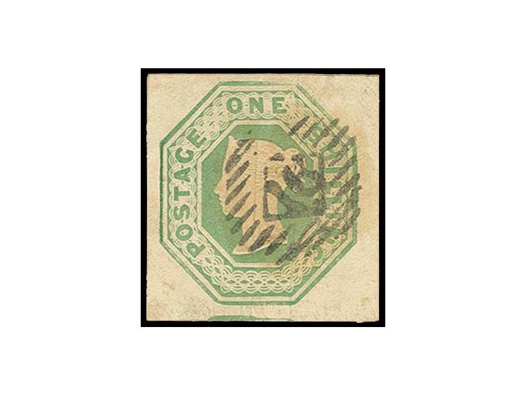 1847/54, embossed issues: 1 sh. pale green, wide to large margins with part of adjoining stamp at bottom, cancelled by clear 