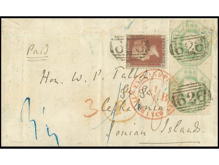 1 sh. pale green, vertical pair with good to large margins and 1855, 1 d. red-brown, tied to letter sheet from "PRESCOT DE 30