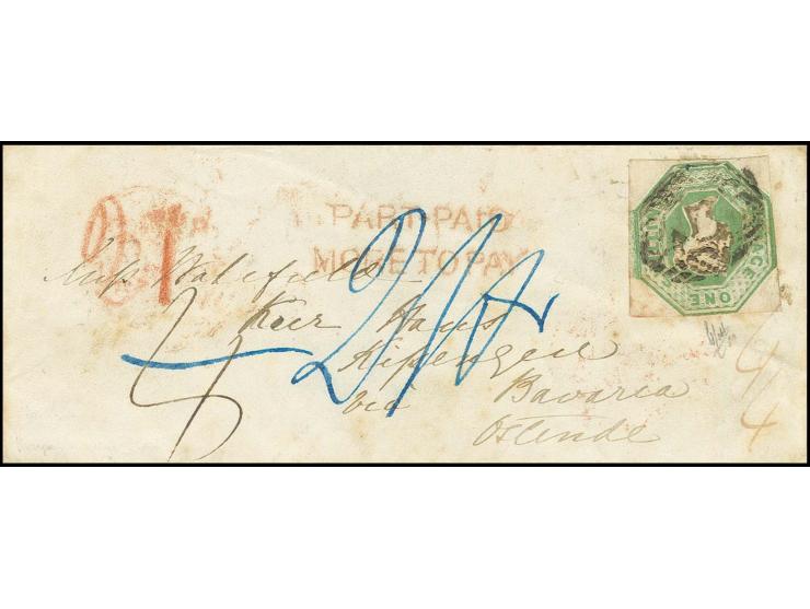 1 sh. green, used on small cover from "LIVERPOOL JY 26 1851" via Belgium to Kissingen in Bavaria, underpaid, thus double line