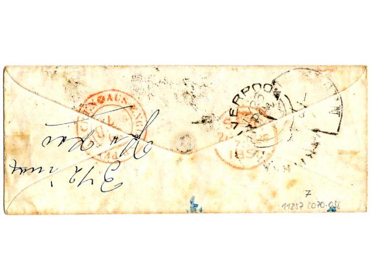 1 sh. green, used on small cover from "LIVERPOOL JY 26 1851" via Belgium to Kissingen in Bavaria, underpaid, thus double line