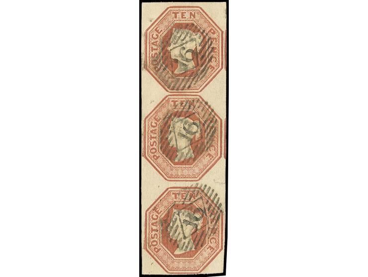 10 d. brown, vertical strip of 3 with good to mostly wide margins, parts of 2 adjoining stamps at right, cancelled with 3 cle