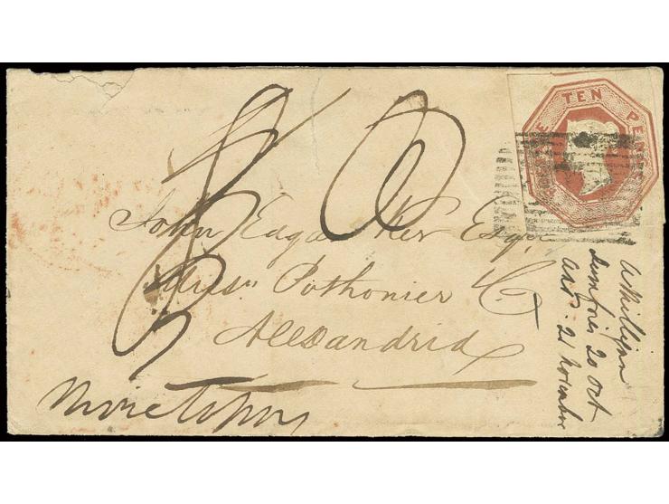 10 d. brown, die 2, large margins, tied to small envelope to Alexandria, Egypt, with transit and arrival marks; the envelope 
