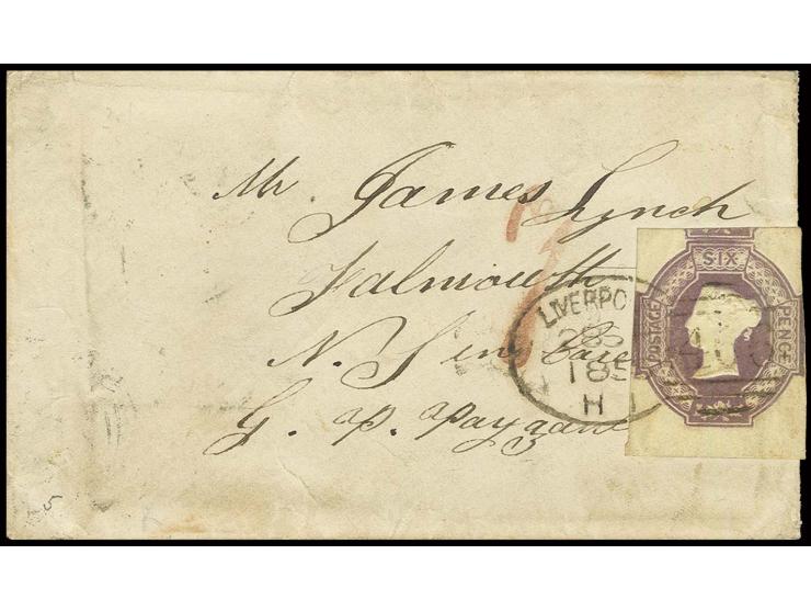 6 d. dull lilac, good to very wide margins, tied by duplex "LIVERPOOL 28 SP 1855" to small envelope to Nova Scotia with adjac