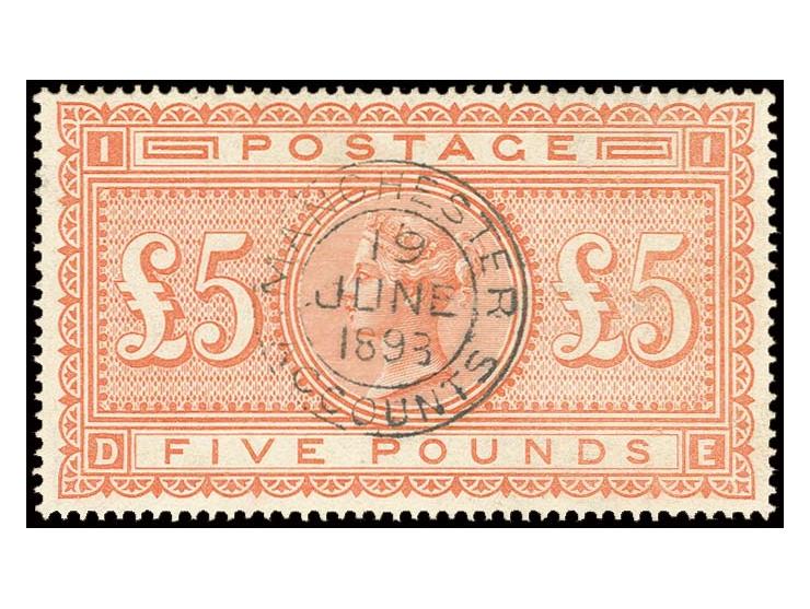 1882, 5 £ orange, nice colour and well centered, cancelled by light and clear central strike "MANCHESTER ACCOUNTS 19 JUNE 189