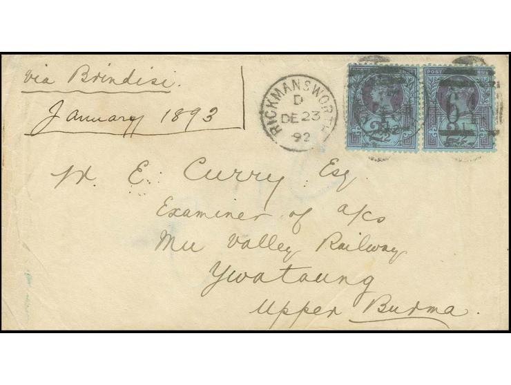 1887/92, Jubilee 2½ d., 2 copies tied to cover from "RECKMANSWORTH DE 23 92" to Ywataung, Burma with transit and arrival mark